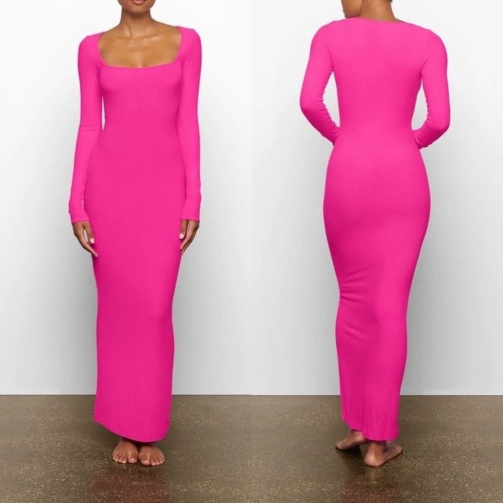 SKIMS Long Sleeve Ribbed Maxi Dress in Hot Pink